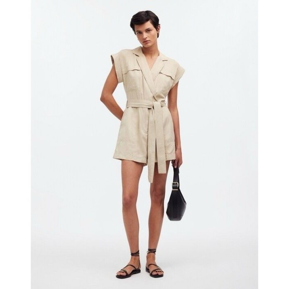 Madewell Tie Waist Muscle Tank Romper Women 4 Khaki Lyocell Safari Resort Soft
